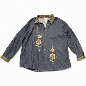 Susan Graver Denim Barn Jacket Shirt Chore Embroidered Size 3X Plus EUC Cottage